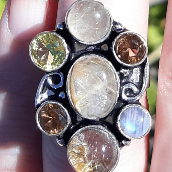 New Golden Rutile, Citrine, Smoky Topaz & Rainbow Moonstone 925 Silver Ring. - Picture 8 of 8